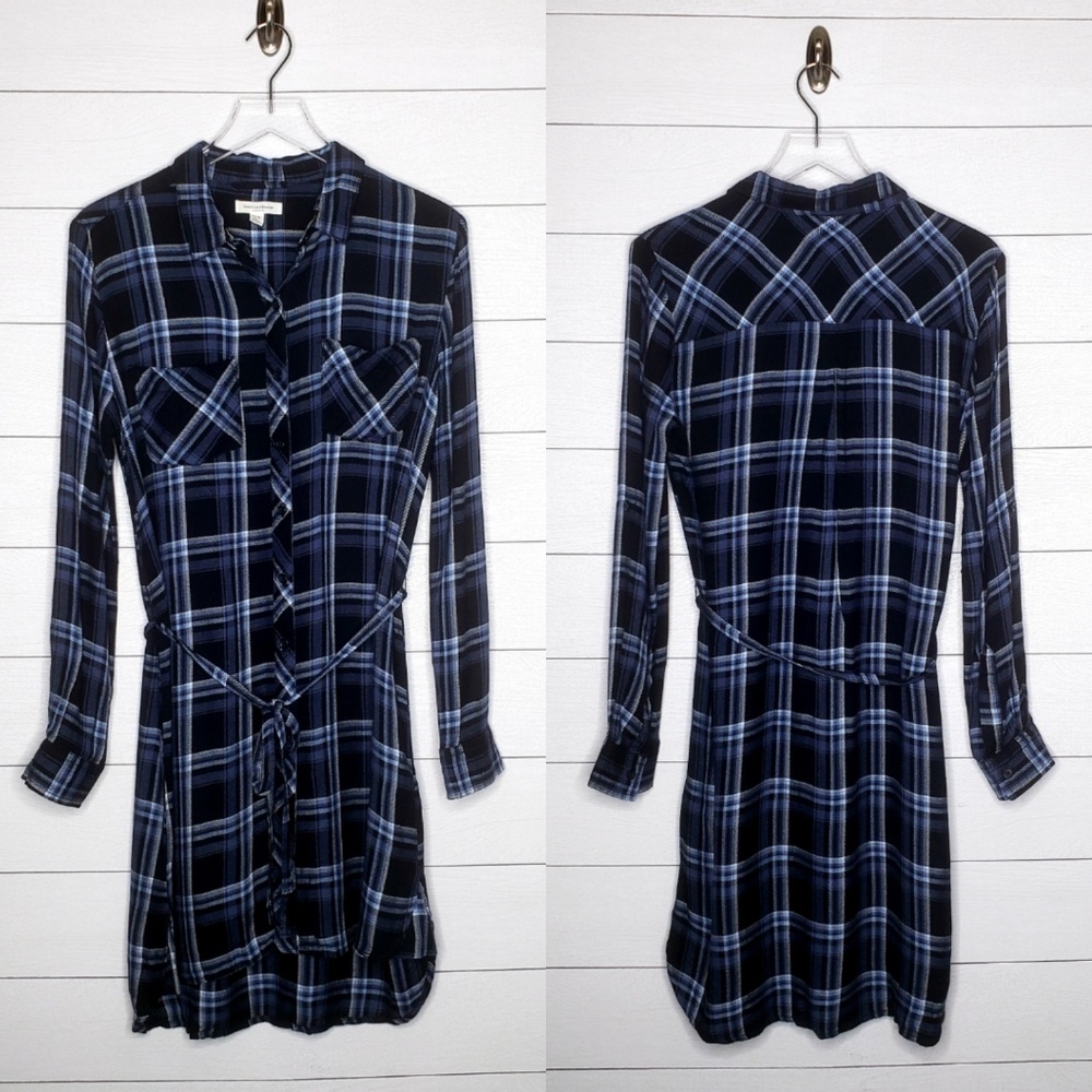 Beachlunchlounge Blue Plaid Shirt Dress with Belt